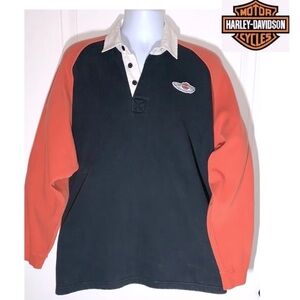 Harley Davidson orange and navy blue 100th anniversary rugby shirt men’s large